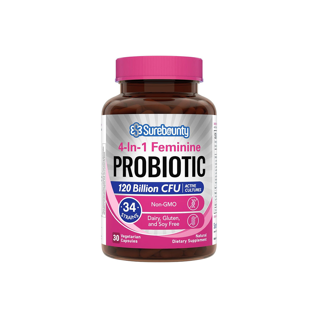 Surebounty 4-in-1 Feminine Probiotic, 120 Billion CFU + 34 Strains, Highest Potency for Women, Prebiotics + Digestive Enzymes + Cranberry, Digestive,...