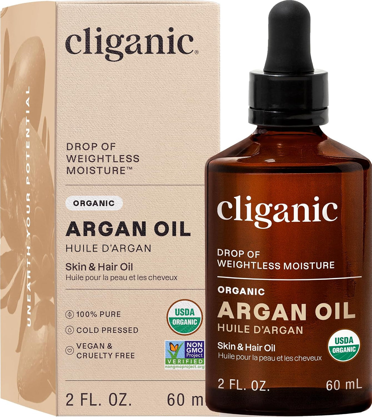 Cliganic Organic Argan Oil 100% Pure Cold-Pressed for Hair, Face & Skin