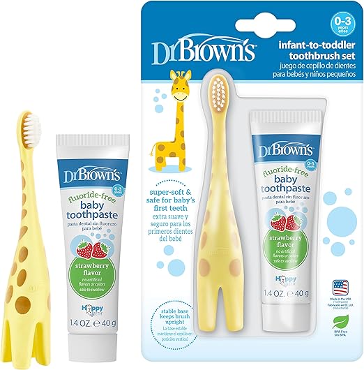 Dr. Brown's Infant-to-Toddler Training Toothbrush Set with Strawberry Fluoride-Free Toothpaste 1.4 oz, Soft for Baby's First Teeth, Giraffe,