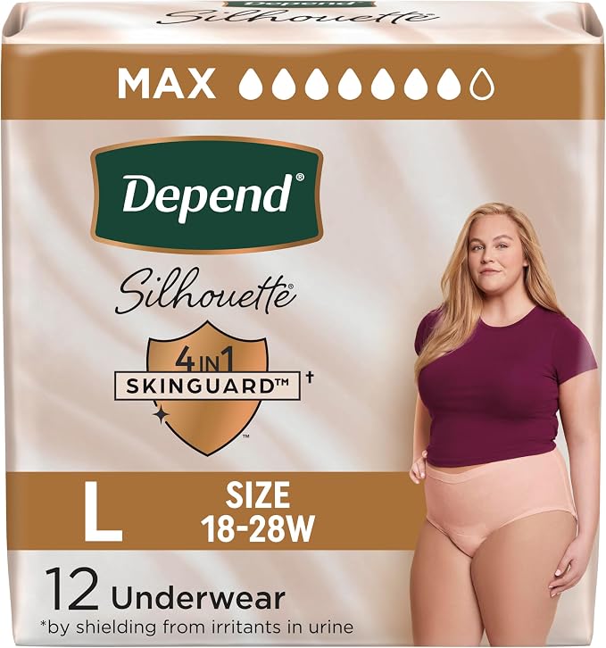 Depend Silhouette Womens Incontinence Underwear Maximum Absorbency, Large, 12 Count