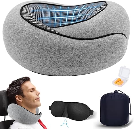 Yoawllty Travel Pillow, Wander Plus Travel Neck Pillow with Eye Masks, Earplugs, Memory Foam Travel Pillow, Neck Pillow for Airplanes, Car, Travel Essentials (Grey)