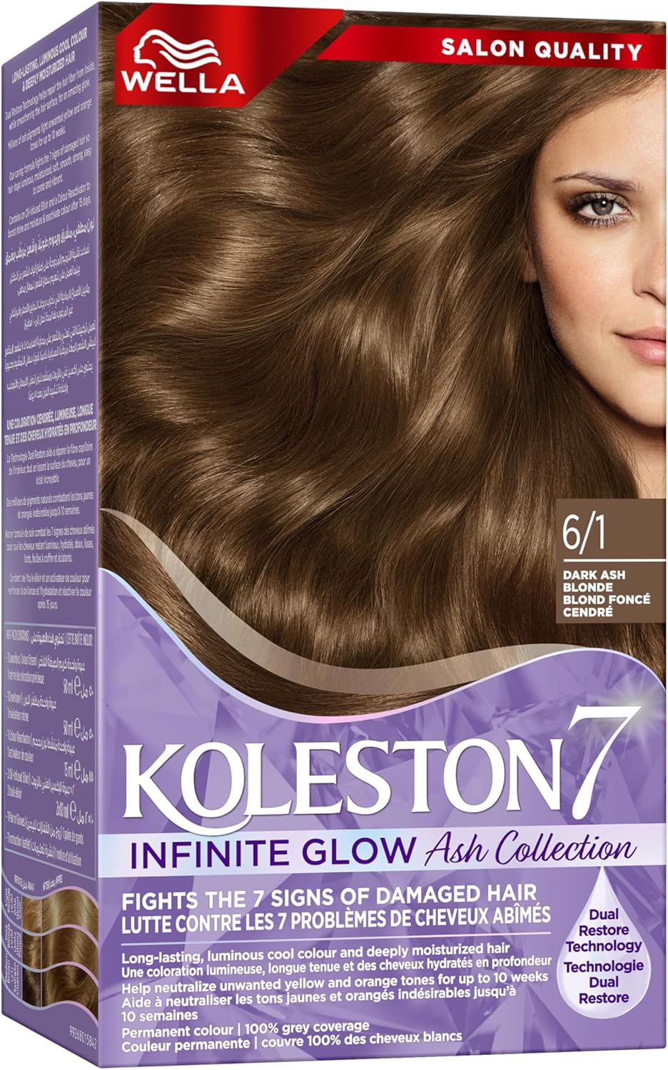Wella Koleston Infinite Glow Ash Collection Permanent Hair Color Cream 6/1 Dark Ash Blonde – 100% Grey Coverage with Dual Restore Technology