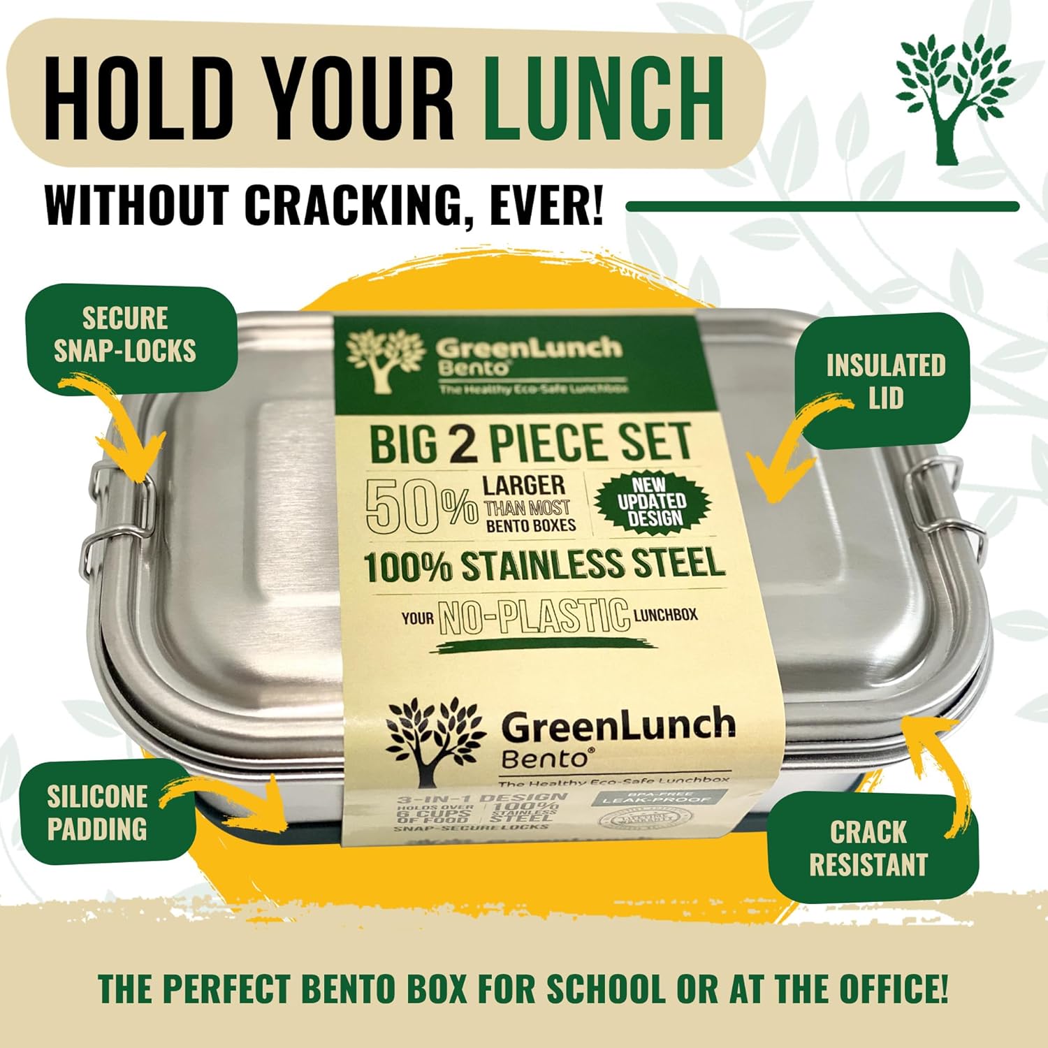 علبة طعام GreenLunch Bento 3 في 1 مصنوعة من الفولاذ المقاوم للصدأ للبالغين مع حامل للوجبات الخفيفة - تتسع لـ 6 أكواب من الطعام، مقاومة للكسر بنسبة 100%، مزودة بأقفال آمنة، صديقة للبيئة.