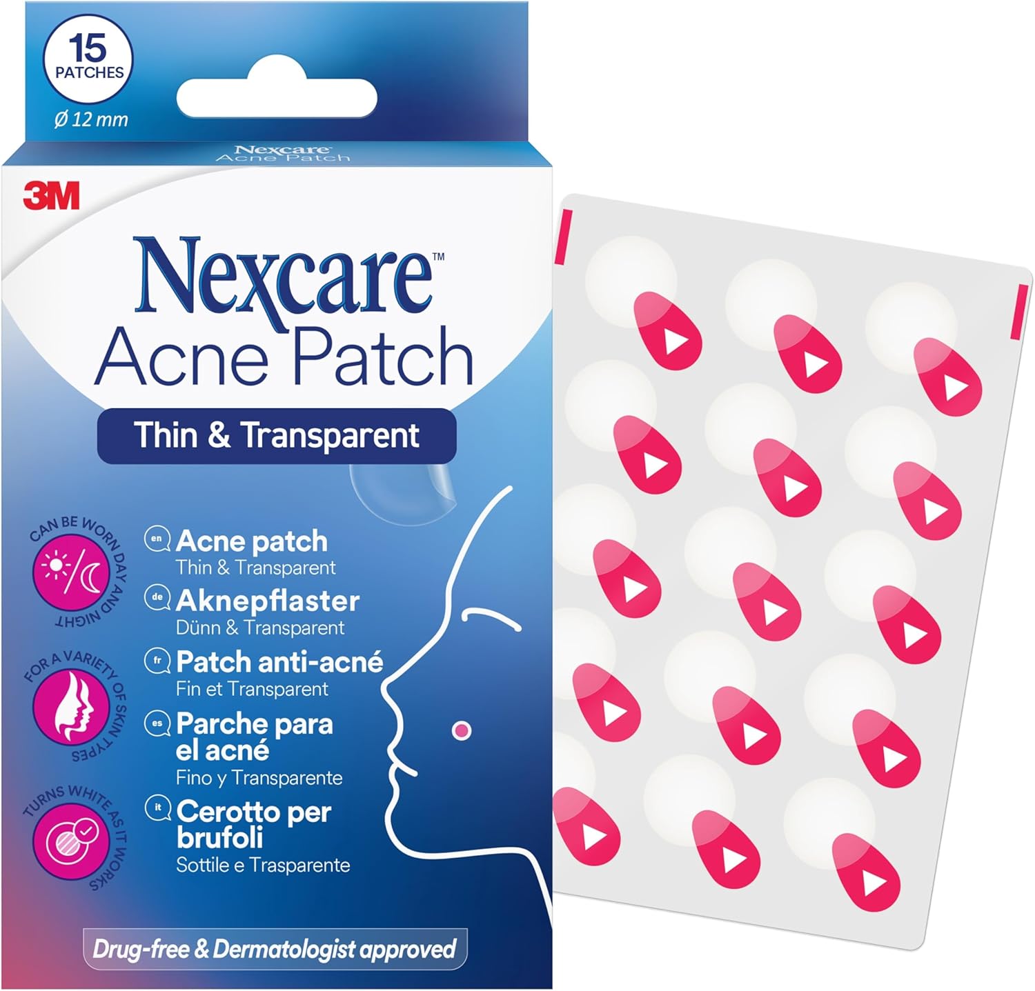 Nexcare Thin & Transparent Acne Patch 15 Patches Drug-Free Hydrocolloid Pimple Patches for Day & Night Blemish Care