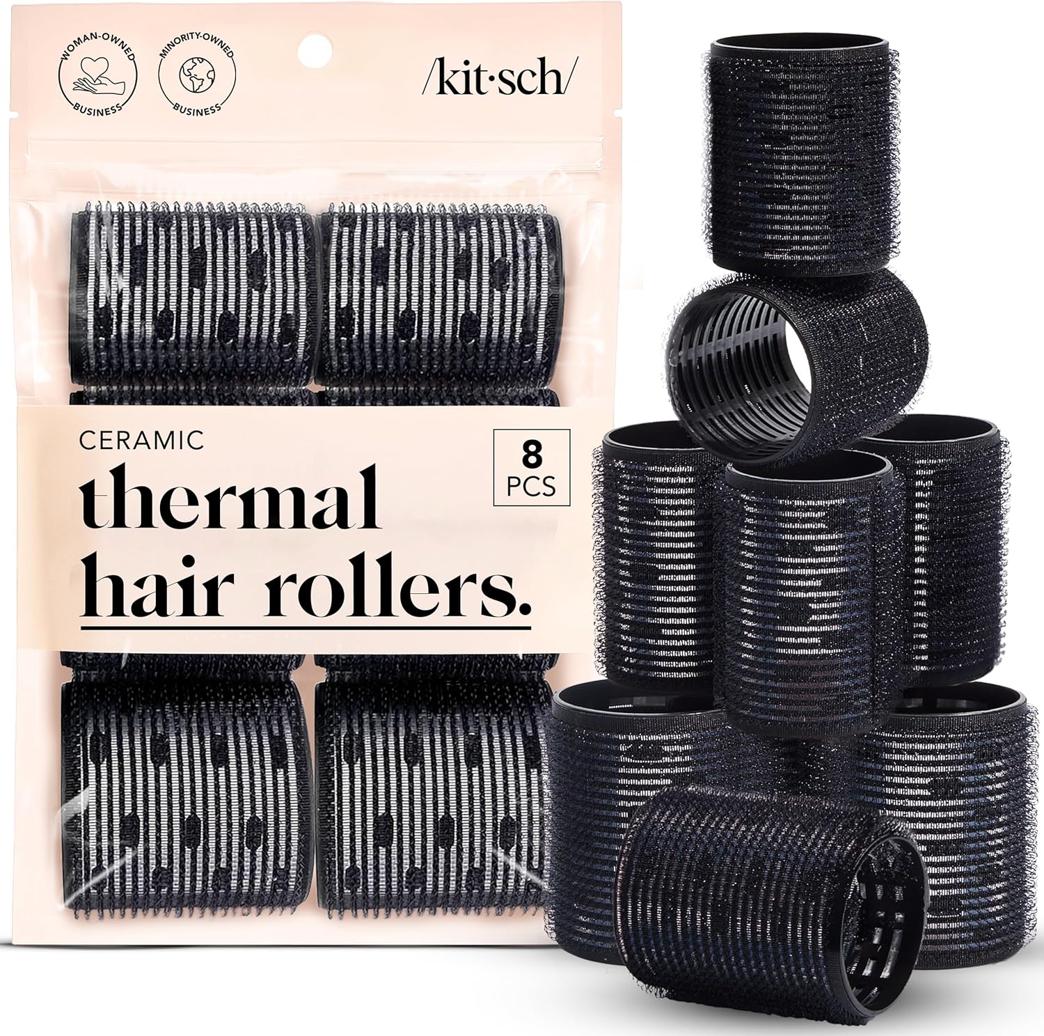 Kitsch Ceramic Thermal Hair Rollers 8 Pcs Self-Grip Volumizing Hair Rollers for Blowout Curls, Waves & Lift