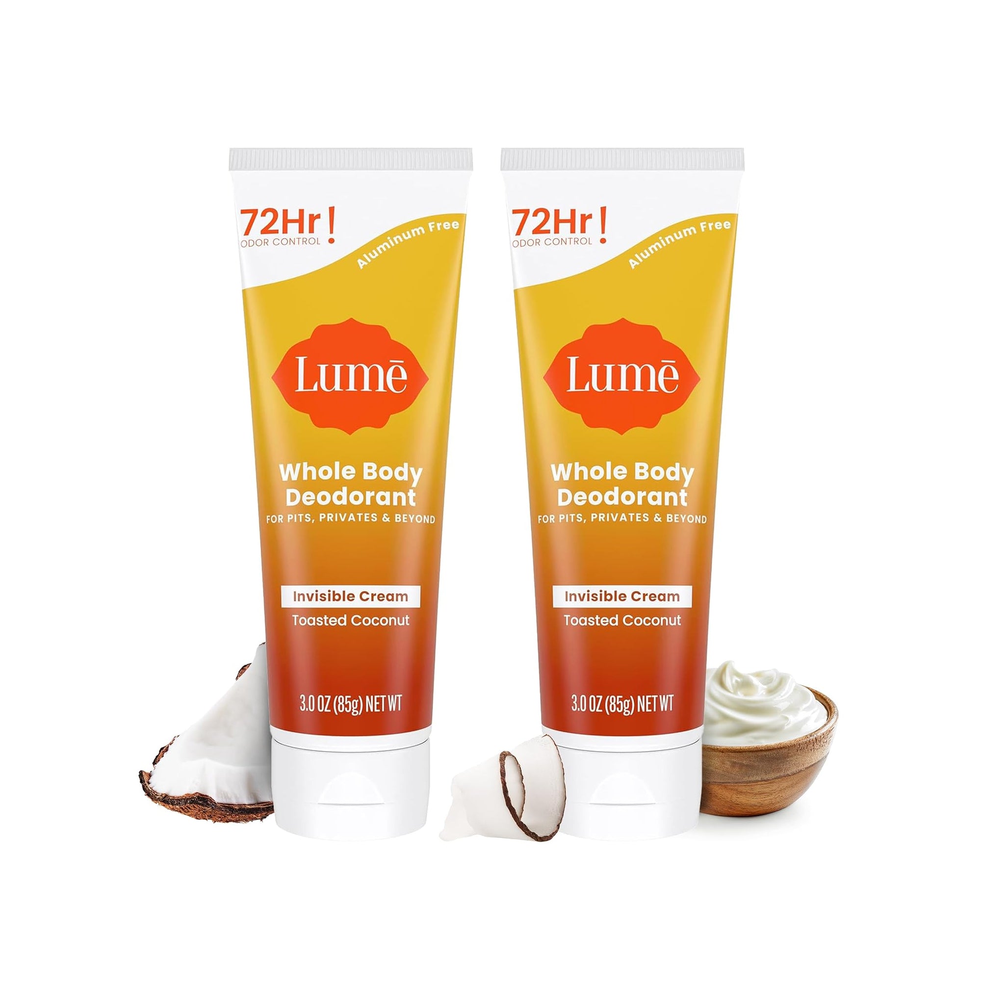 Lume Whole Body Deodorant Cream ƒ?? 72H Odor Control, Toasted Coconut, Pack of 2