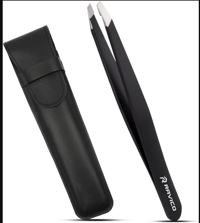Professional Stainless Steel Slanted Eyebrow Tweezers with Travel Case