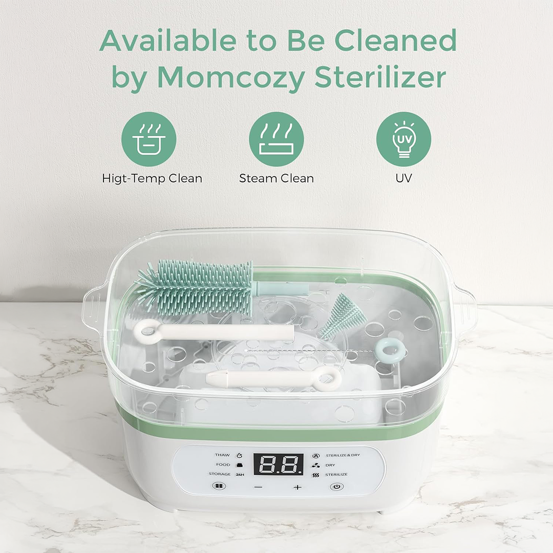 Momcozy Bottle Brush Set - Baby Bottle Cleaner Kit with Silicone Brush, Nipple Straw Brush, Soap Dispenser, Drying Rack - 7 in 1 Bottle Cleaning Tool for Home and Travel