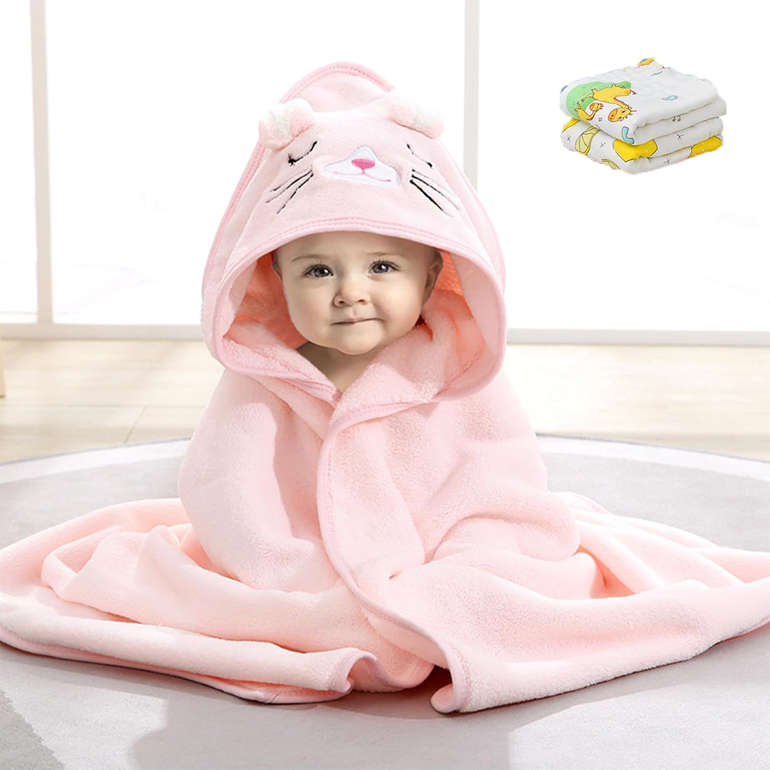 HJB VISSO Baby hooded bath towel,Premium Natural microfiber ultra soft super absorbent for baby girl & boy (Pink)