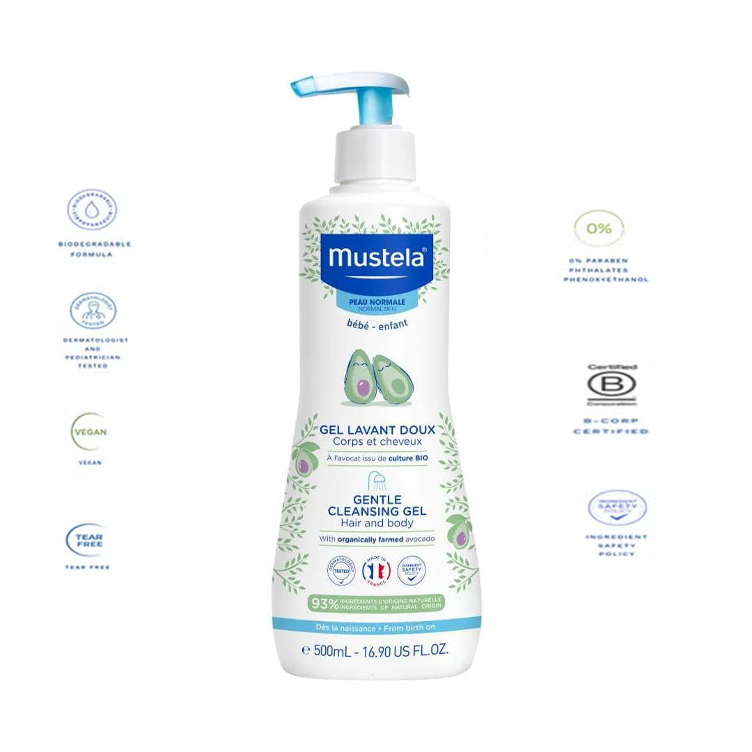 Mustela Baby Gentle Cleansing Gel - Baby Hair & Body Wash - with Natural Avocado fortified with Vitamin B5 - Biodegradable Formula & Tear-Free - 500ml
