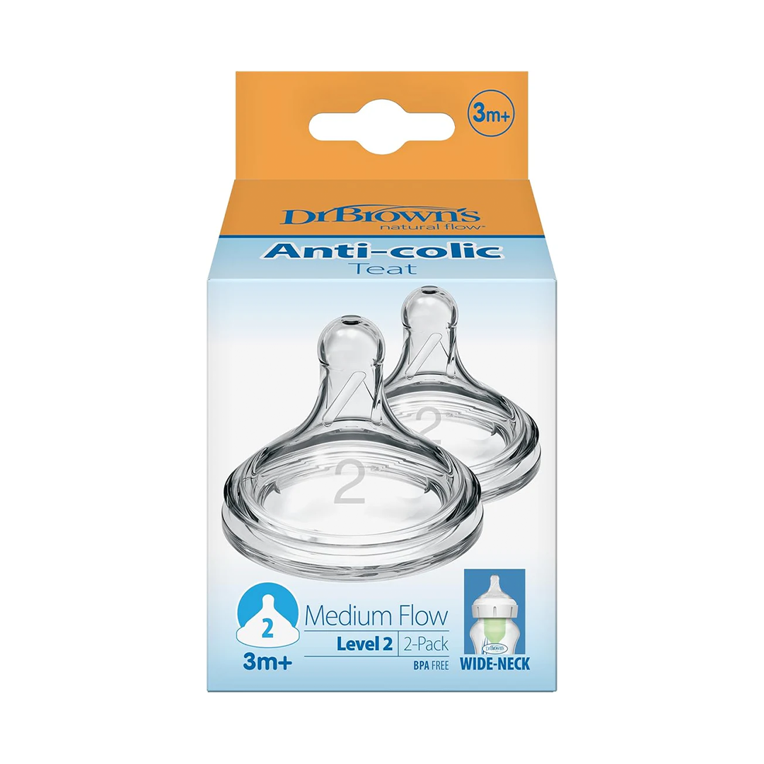 Dr. Brown's Natural Flow Level 2 Baby Bottle Nipples, 2-Pack, Medium Flow, 3+ Months