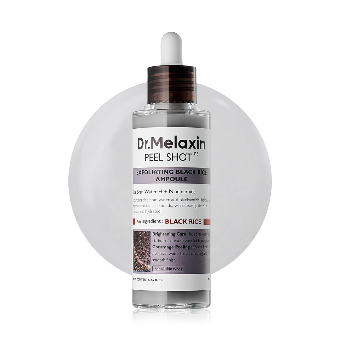Dr.Melaxin Peel Shot Glow Black Rice Peeling Ampoule, Soft Exfoliating Face and Body Scrub Dead Skin Cells, Blackheads Remover for All Skin Types, 80ml