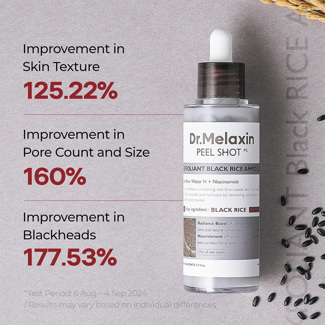 Dr.Melaxin Peel Shot Glow Black Rice Peeling Ampoule, Soft Exfoliating Face and Body Scrub Dead Skin Cells, Blackheads Remover for All Skin Types, 80ml