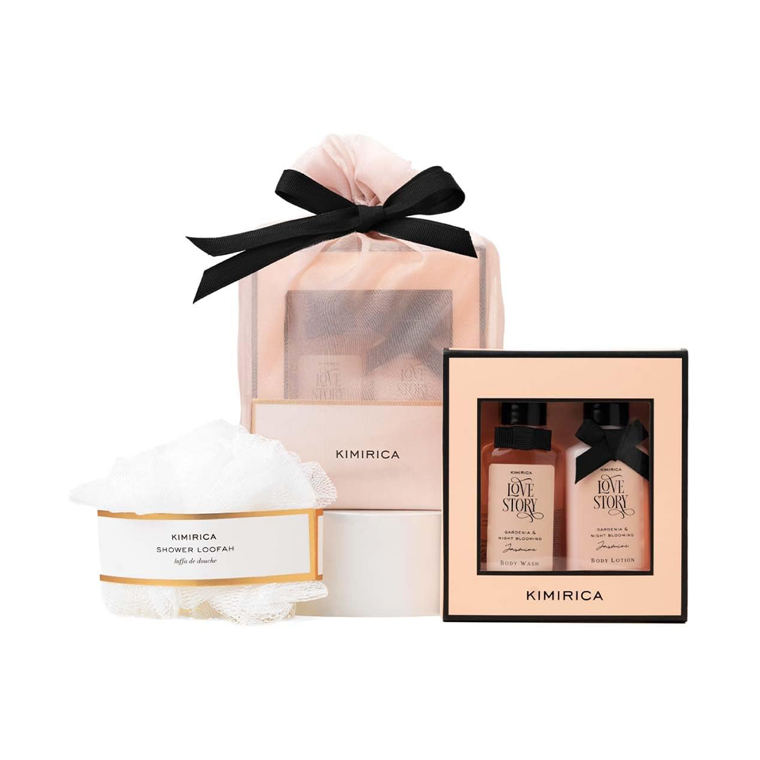 Kimirica "Nothing But Love" Duo Potli gift set | Fragrance of Gardenia and Night Blooming Jasmine | Contains Shower gel, Body Lotion, Loofah and Resuable Potli (50 ml each)