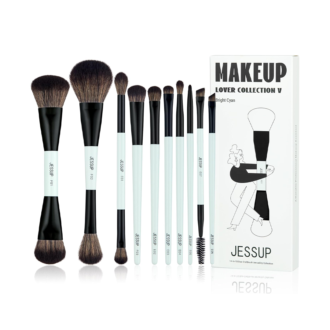 Jessup Makeup Brushes Set 10-Piece Double-Sided Brush Kit for Face & Eyes | Bright Cyan