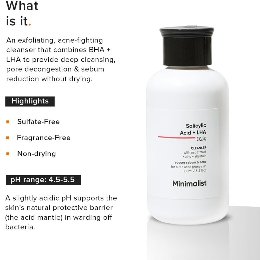 Minimalist 2% Salicylic Acid Face Wash 100ml for Oily Acne Prone Skin Sulphate Free Cleanser with LHA & Zinc