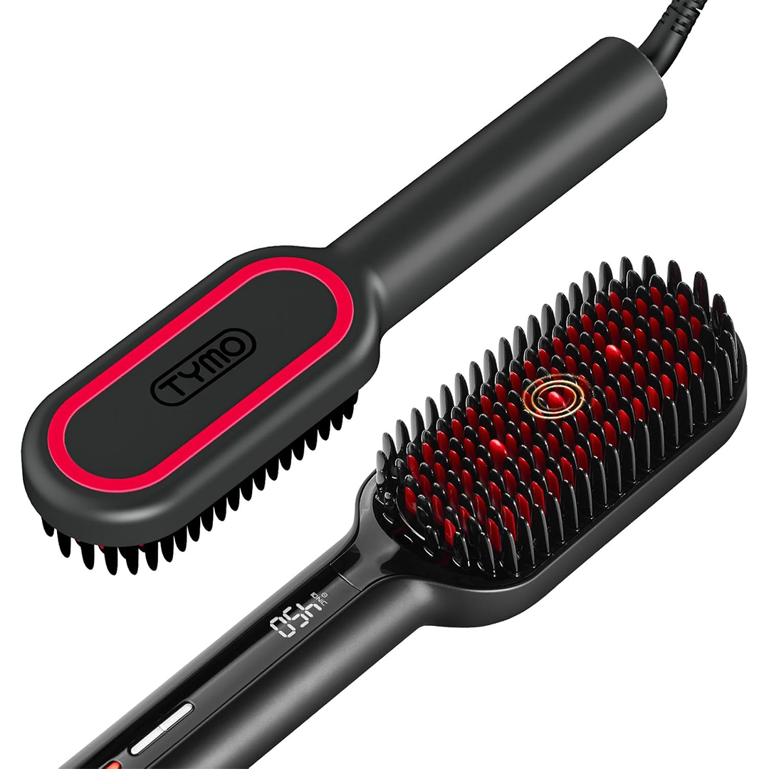 TYMO Hair Straightener Brush Ionic Ceramic Hot Comb, 16 Temps, Dual Voltage, Black