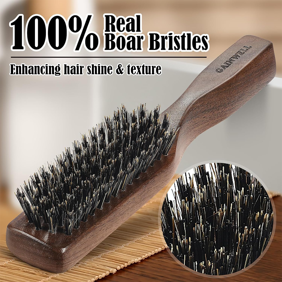 Men's Wild Boar Bristle Hair Brush for Thick Hair Beard & Mustache with Black Walnut Handle