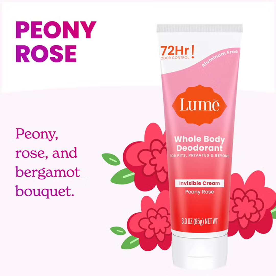 Lume Whole Body Deodorant Cream 72H Odor Control, Aluminum-Free (Peony Rose)