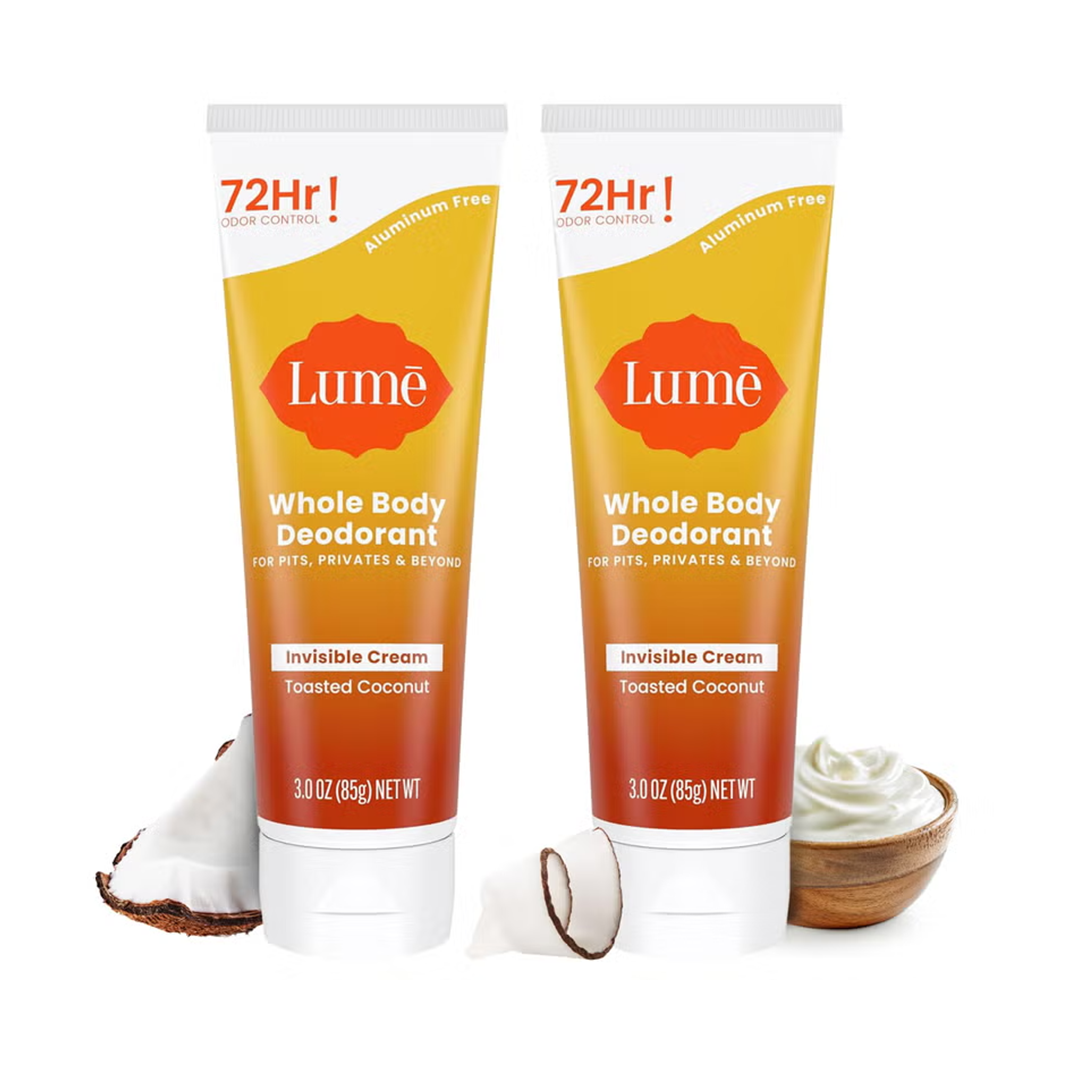 Lume Whole Body Deodorant Cream 72H Odor Control, Toasted Coconut, Pack of 2