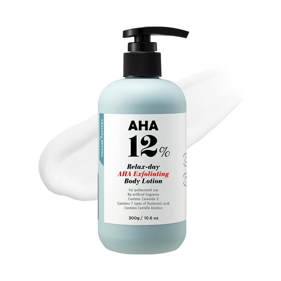 V11FACTORY AHA 12% Glycolic Acid Body Lotion Korean Exfoliating & Hydrating Cream with Hyaluronic Acid & Collagen | Unscented & Paraben-Free