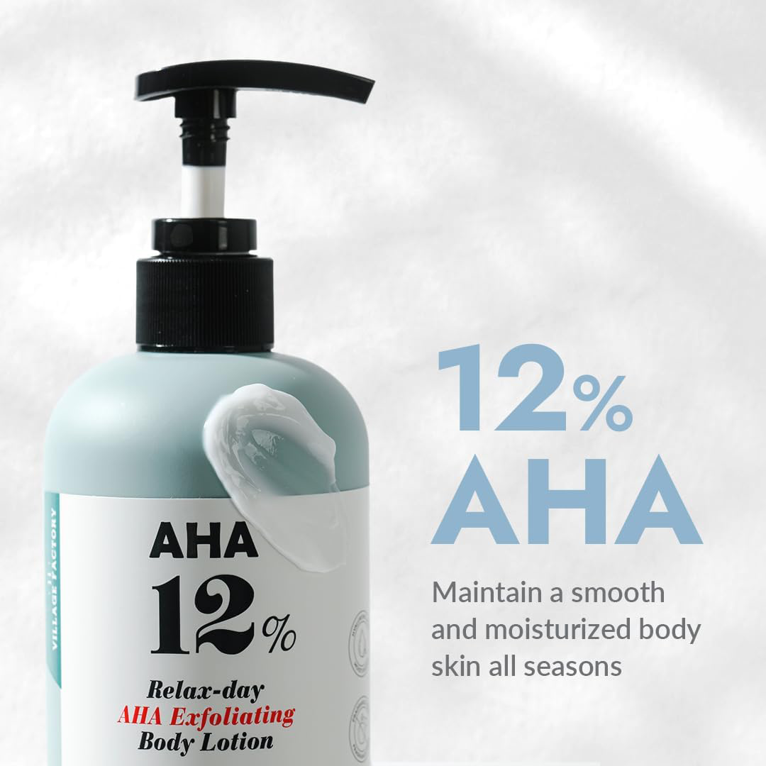 V11FACTORY AHA 12% Glycolic Acid Body Lotion Korean Exfoliating & Hydrating Cream with Hyaluronic Acid & Collagen | Unscented & Paraben-Free