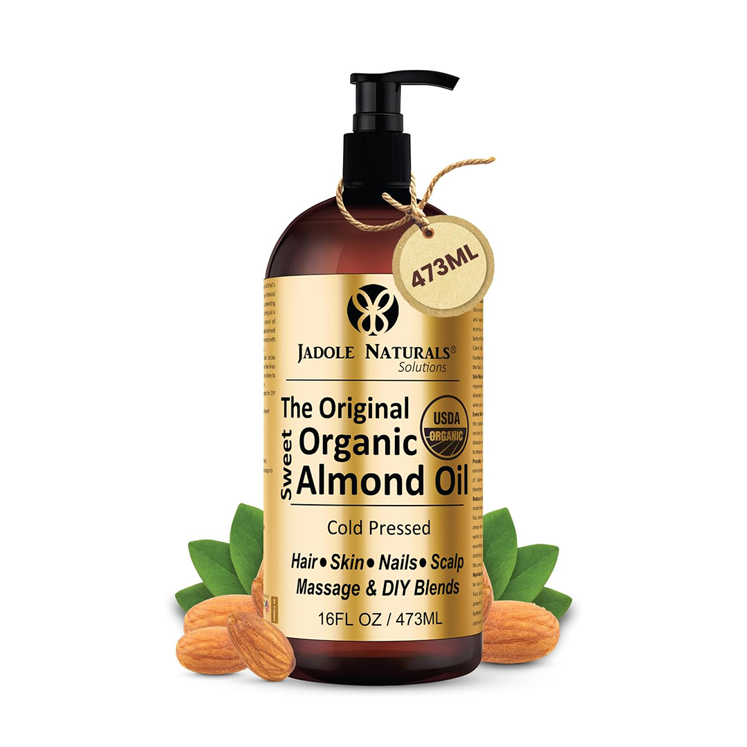 Jadole Naturals Organic Sweet Almond Oil 473ml Cold Pressed 100% Pure Natural Oil for Skin Hair and Massage Care