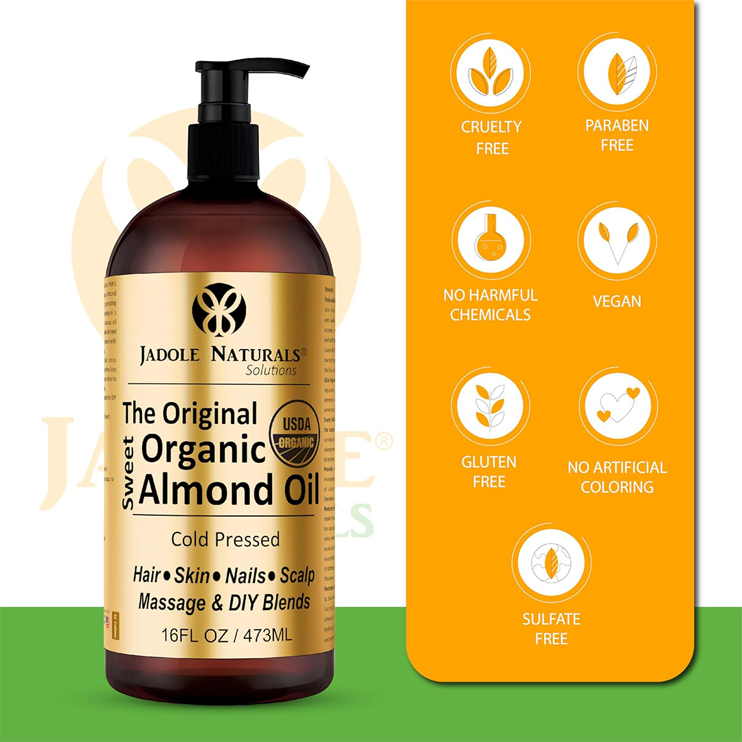 Jadole Naturals Organic Sweet Almond Oil 473ml Cold Pressed 100% Pure Natural Oil for Skin Hair and Massage Care