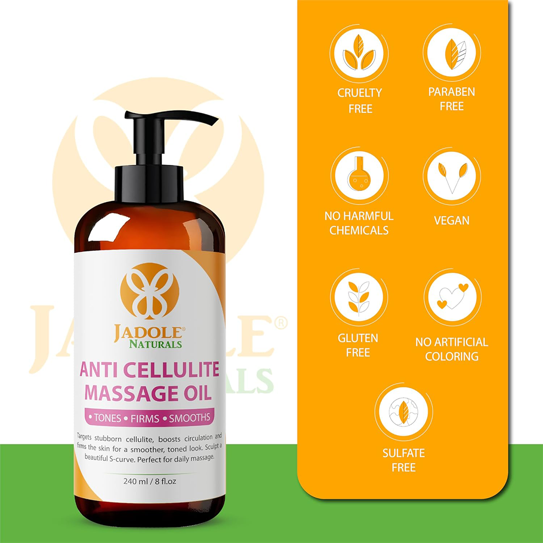 Jadole Naturals Anti Cellulite Massage Oil 240ml Firming Toning Body Oil with Natural Ingredients and Aromatherapy