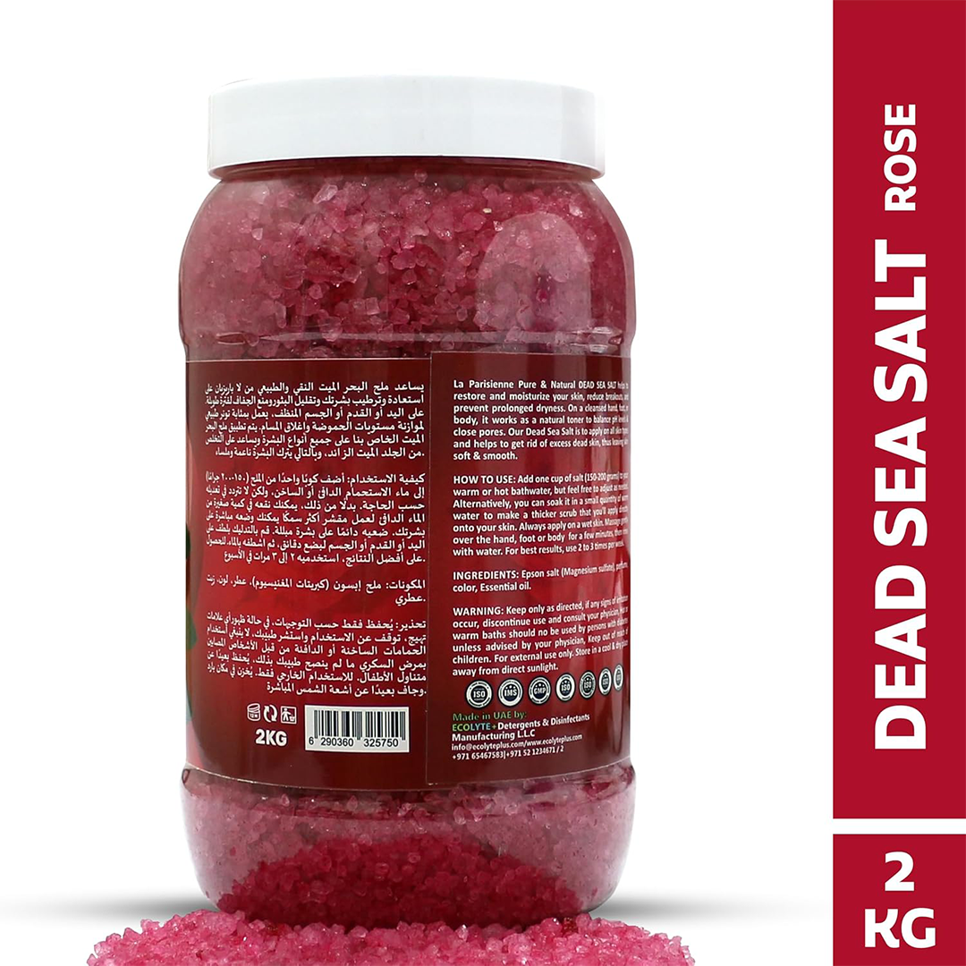 ECOLYTE+ Dead Sea Salt La Parisienne Rose 2kg Natural Bath Salt for Relaxation Stress Relief Skin Softening and Exfoliation