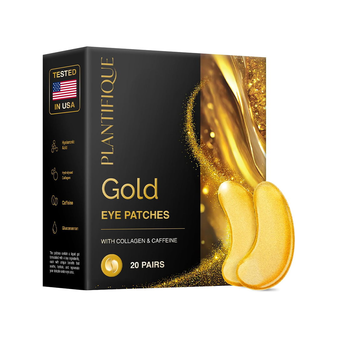 PLANTIFIQUE Gold Eye Patches 20 Pairs Under Eye Masks for Dark Circles Puffiness Reduction Hydrating Eye Gels Skincare