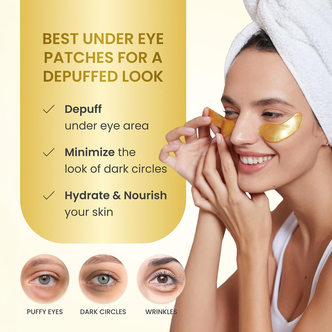 PLANTIFIQUE Gold Eye Patches 20 Pairs Under Eye Masks for Dark Circles Puffiness Reduction Hydrating Eye Gels Skincare