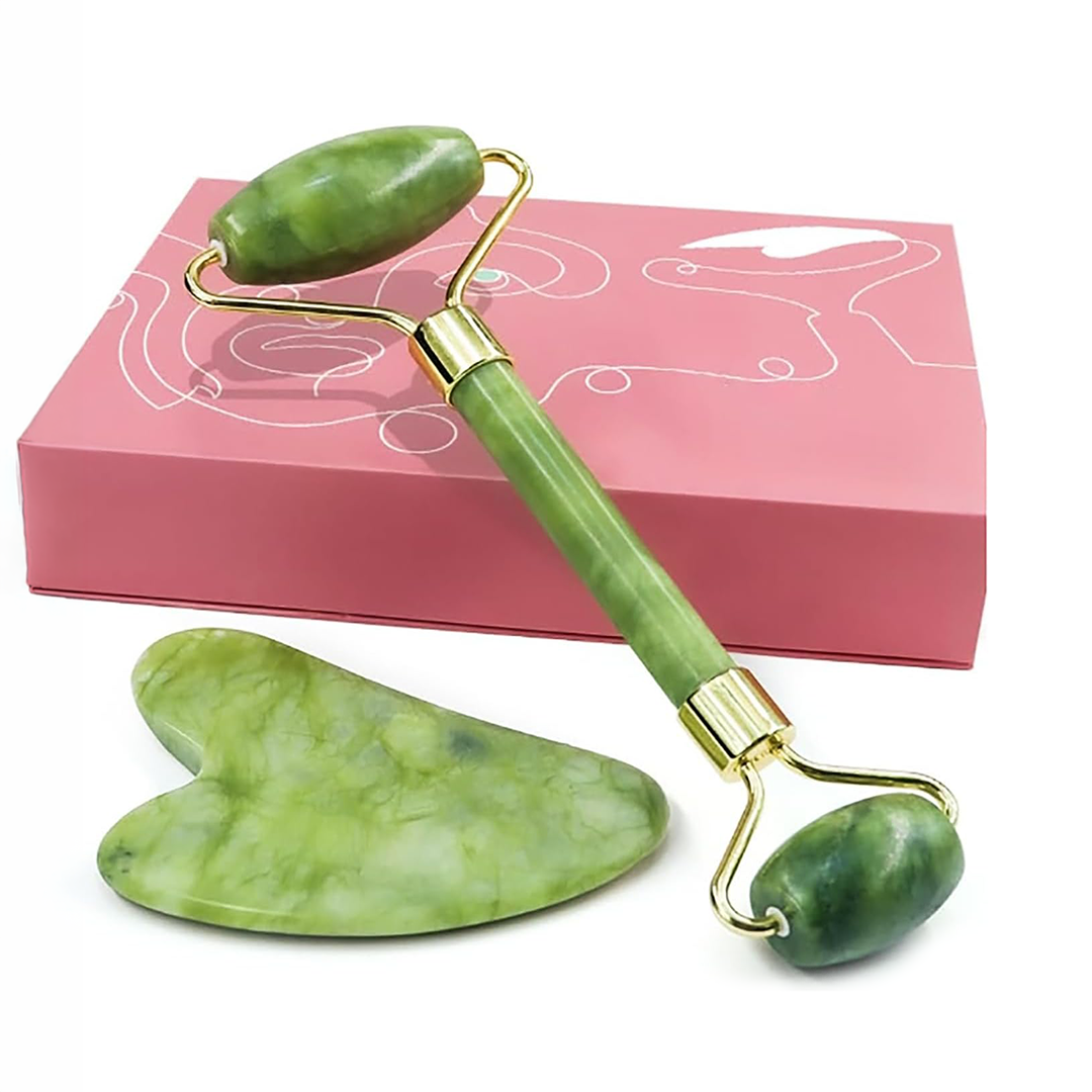 Jade Roller and Gua Sha Set 100% Natural Rose Quartz Facial Tools for Skin Care Anti Aging Wrinkles and Puffiness Reduction