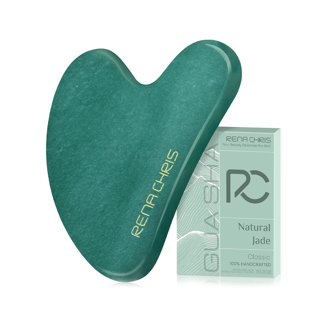 Rena Chris Natural Jade Gua Sha Facial Tool Green Stone Face Massager for Jawline Sculpting and Puffiness Reduction