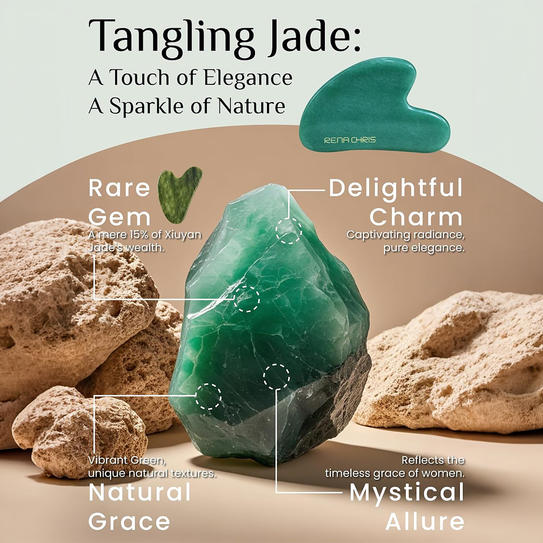 Rena Chris Natural Jade Gua Sha Facial Tool Green Stone Face Massager for Jawline Sculpting and Puffiness Reduction