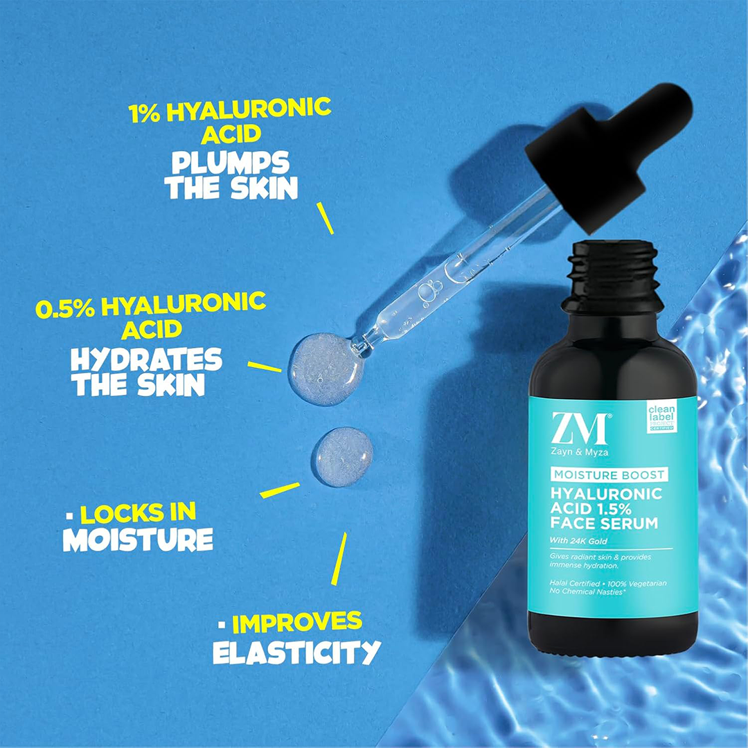 ZM Zayn & Myza Hyaluronic Acid 1.5% 24K Gold Face Serum 30ml Deep Hydration Glow Boost for Normal to Dry Skin