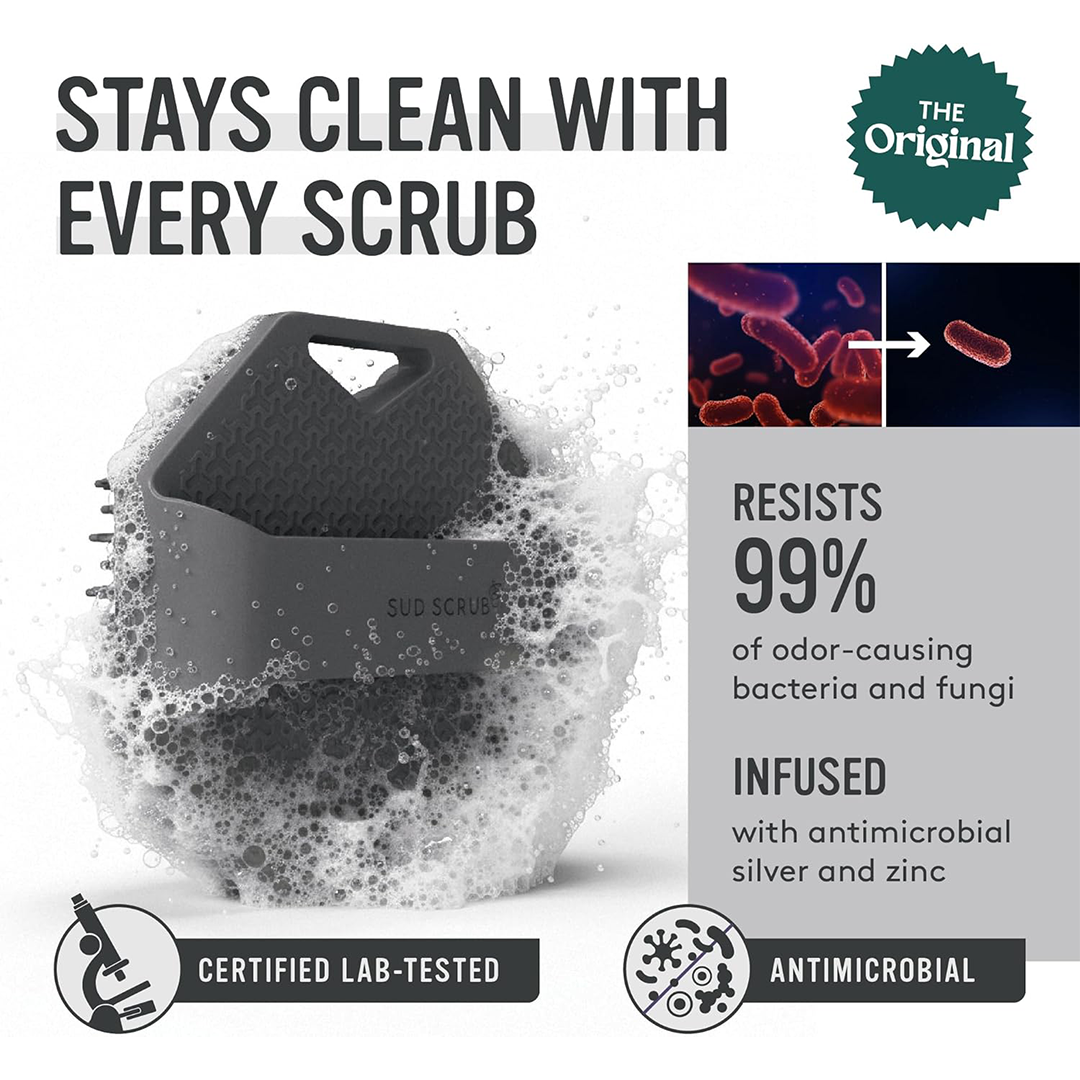 Sud Scrub® Antimicrobial Silicone Body Scrubber – Charcoal | Exfoliating Shower Brush for Sensitive Skin