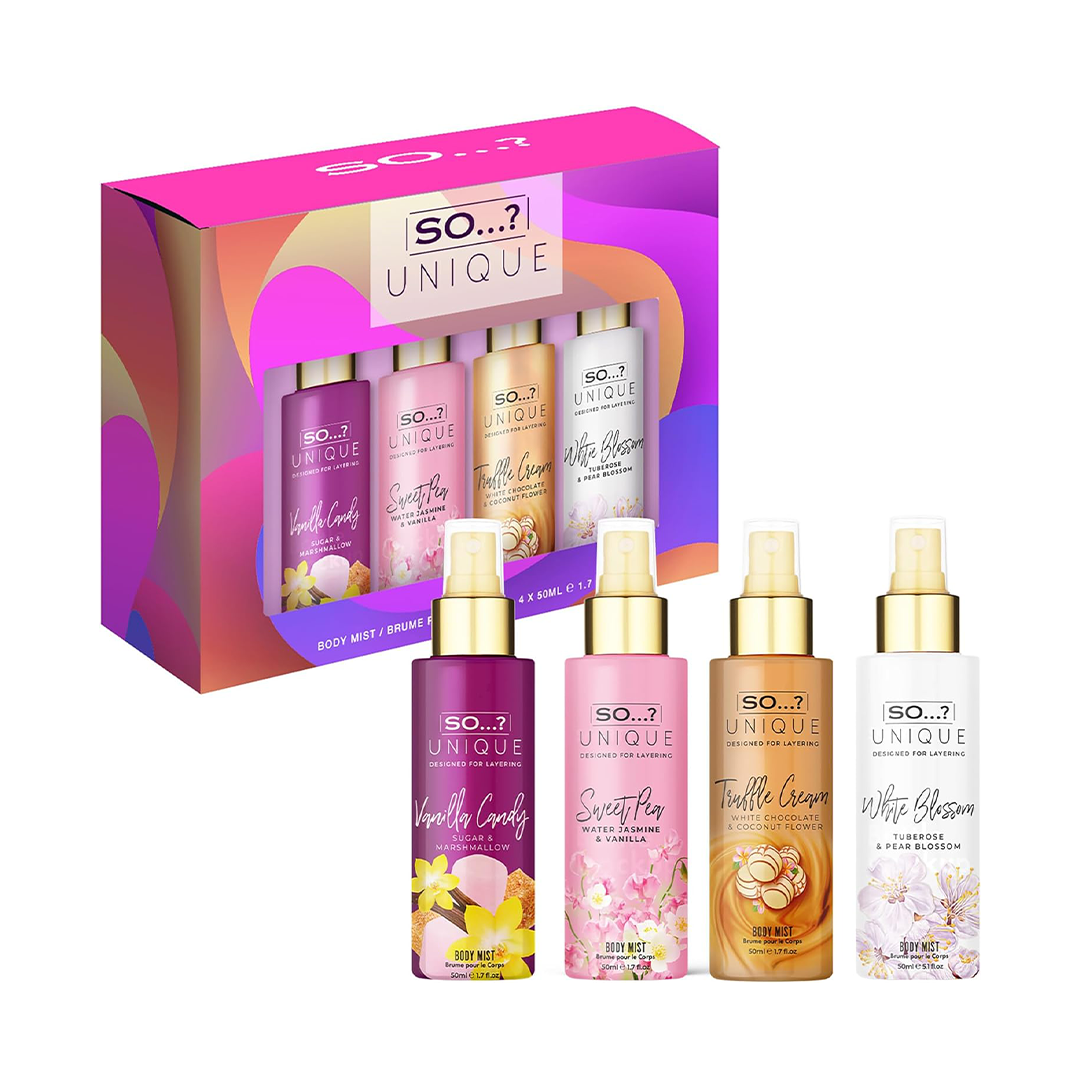 So¦ Unique Mini Mist Womens Gift Set with Vanilla Candy, Sweet Pea, Truffle Cream, & Cashmere, Body Mist Fragrance Spray Set 4 x 50ml