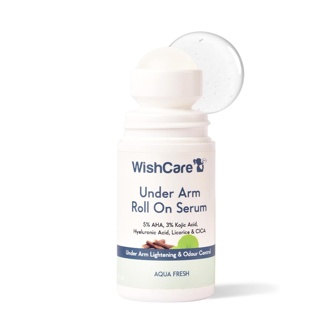 WishCare Underarm Roll On Serum with Five Percent AHA Three Percent Kojic Acid Hyaluronic Acid Licorice and Cica Aqua Fresh 50ml