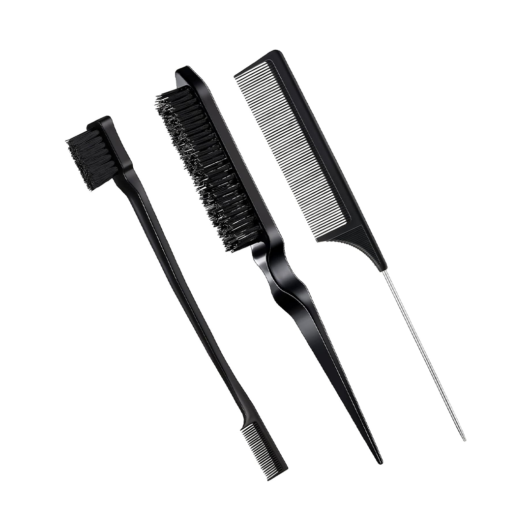 Geiserailie 3 Pcs Slick Back Hair Brush Set Black Bristle Brush Edge Control Brush and Teasing Comb for Hair Styling