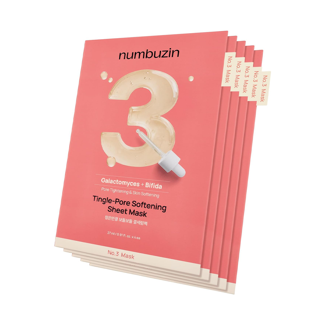 numbuzin No 3 Tingle Pore Softening Sheet Mask 5 Sheets Korean Face Mask with Galactomyces and Bifida for Pore Care Hydration and Smooth Skin