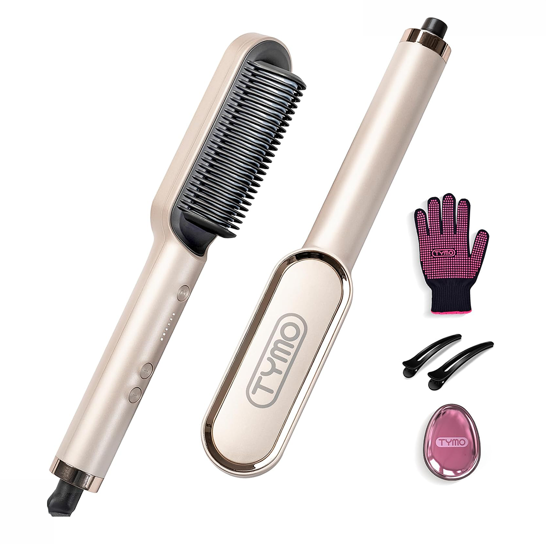 TYMO Hair Straightener Brush with Built-In Comb, Tourmaline Ceramic Hair Straightening Comb, 5 Heat Settings, 20s Fast Heating, Dual Voltage, Gold