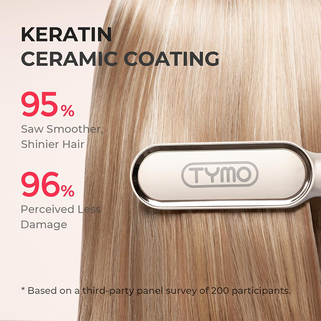 TYMO Hair Straightener Brush with Built-In Comb, Tourmaline Ceramic Hair Straightening Comb, 5 Heat Settings, 20s Fast Heating, Dual Voltage, Gold