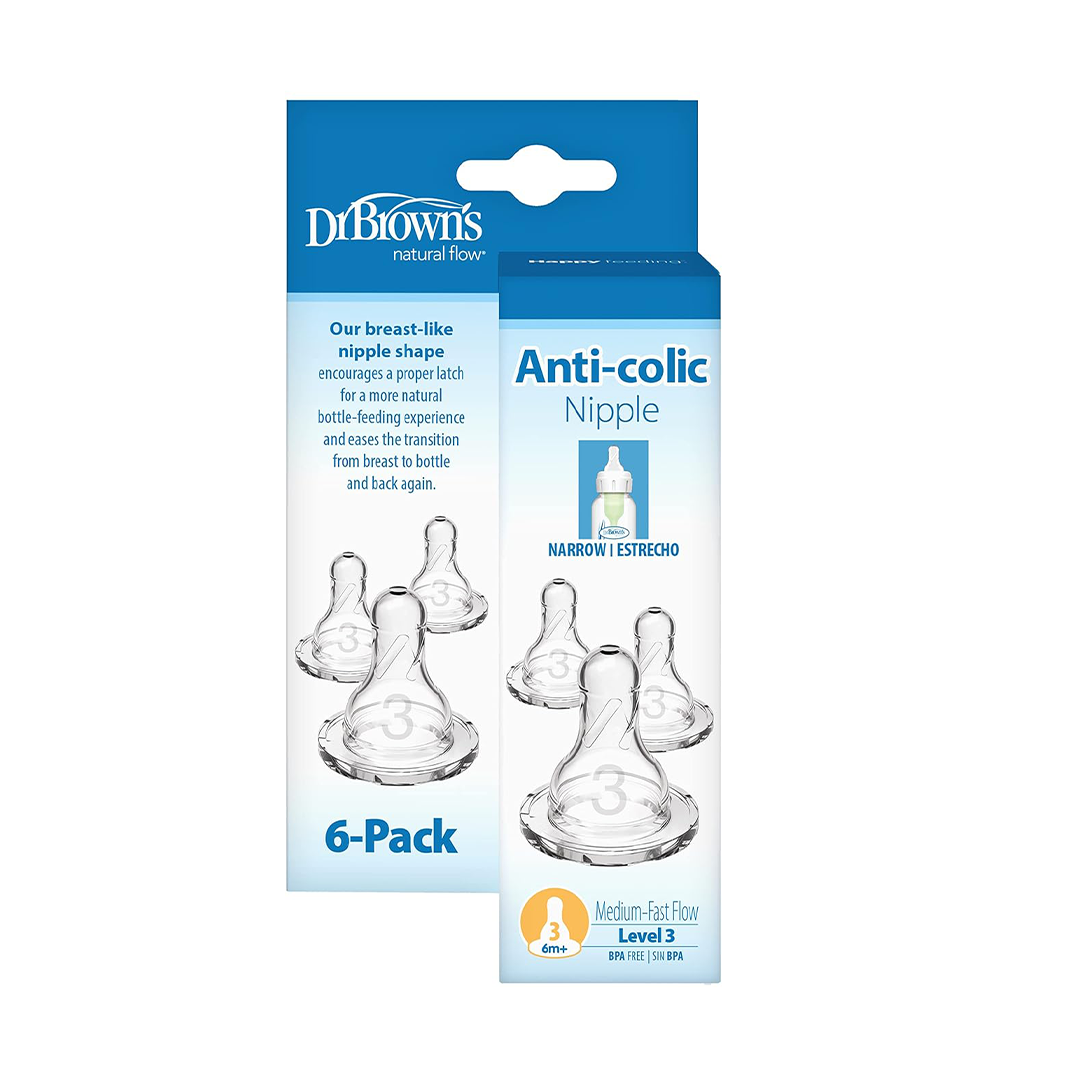 Dr Browns Narrow Level 3 Anti Colic Nipples Medium Fast Flow 6 Months Plus Pack of 6