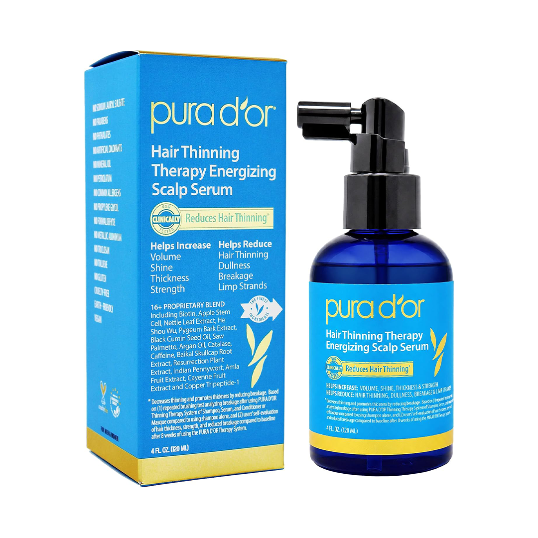 PURA D'OR Hair Thinning Therapy Energizing Scalp Serum Revitalizer (4oz) with Argan Oil, Biotin, Caffeine, Stem Cell, Catalase & DHT Blocker
