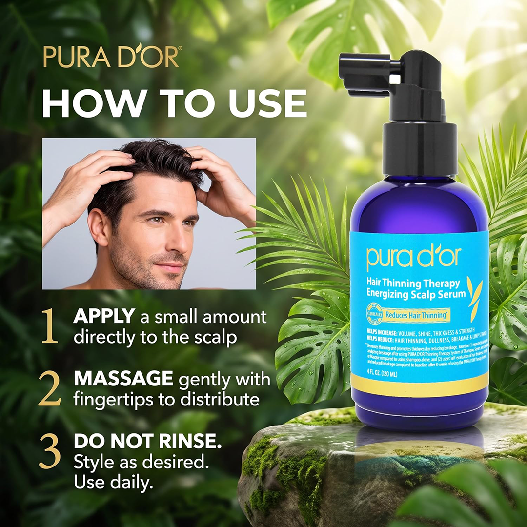 PURA D'OR Hair Thinning Therapy Energizing Scalp Serum Revitalizer (4oz) with Argan Oil, Biotin, Caffeine, Stem Cell, Catalase & DHT Blocker