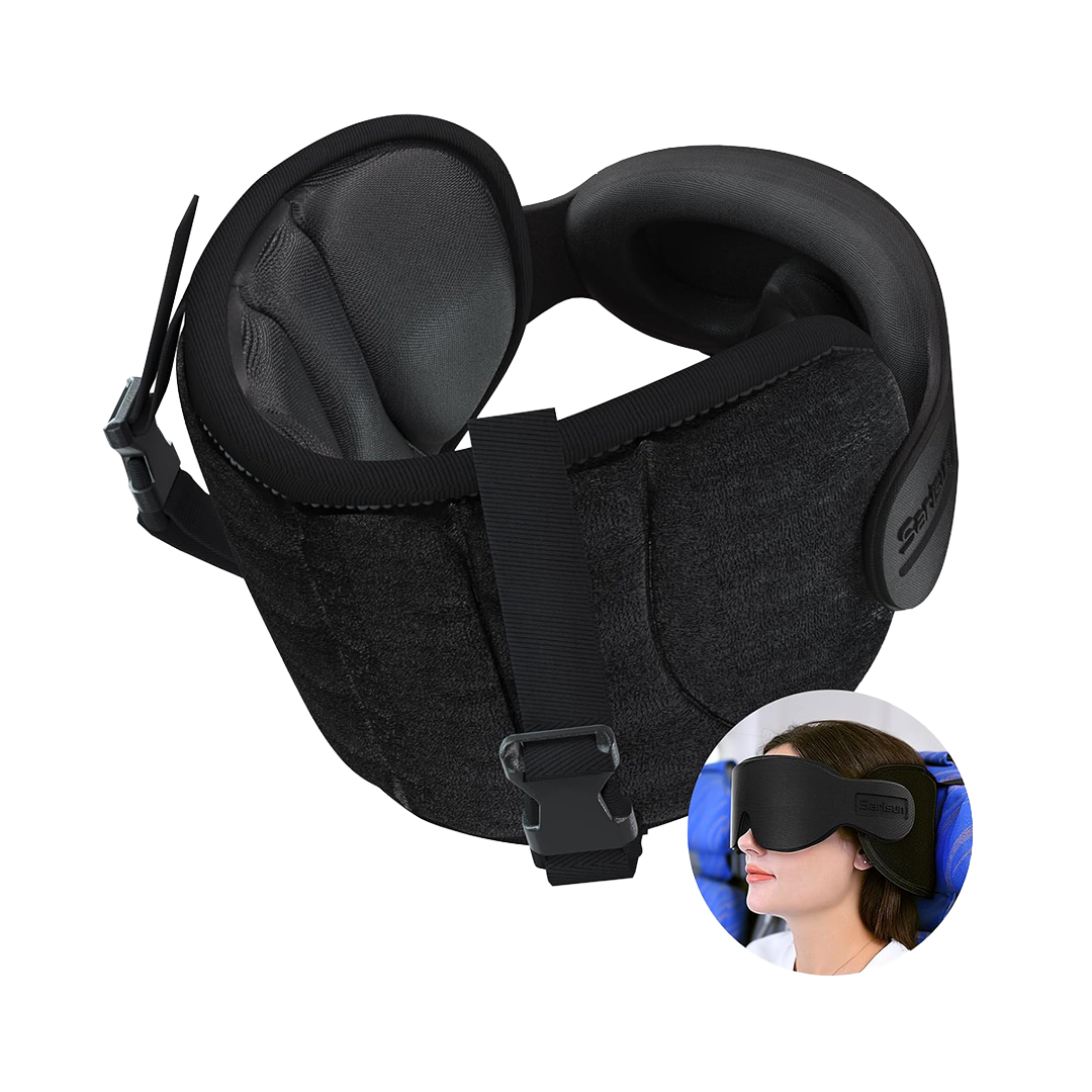 Travel Pillow, Neck Pillow with Eye Mask, Airplane Pillow for Long Flight, Car Travel Pillow, Car Headrest, Black