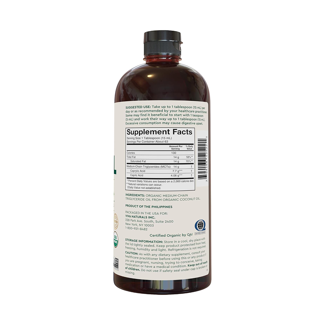 زيت MCT العضوي غير المعدل وراثيًا من Viva Naturals، معتمد من وزارة الزراعة الأمريكية، مناسب لقهوة الكيتو (32 أونصة سائلة)