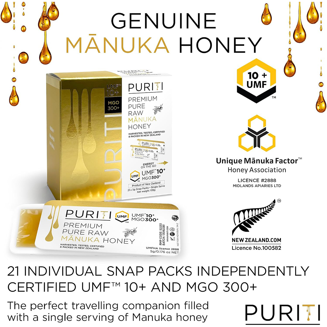 PURITI Manuka Honey Snaps UMF 10+ Single Serve Travel Honey Packets (21 Pack)
