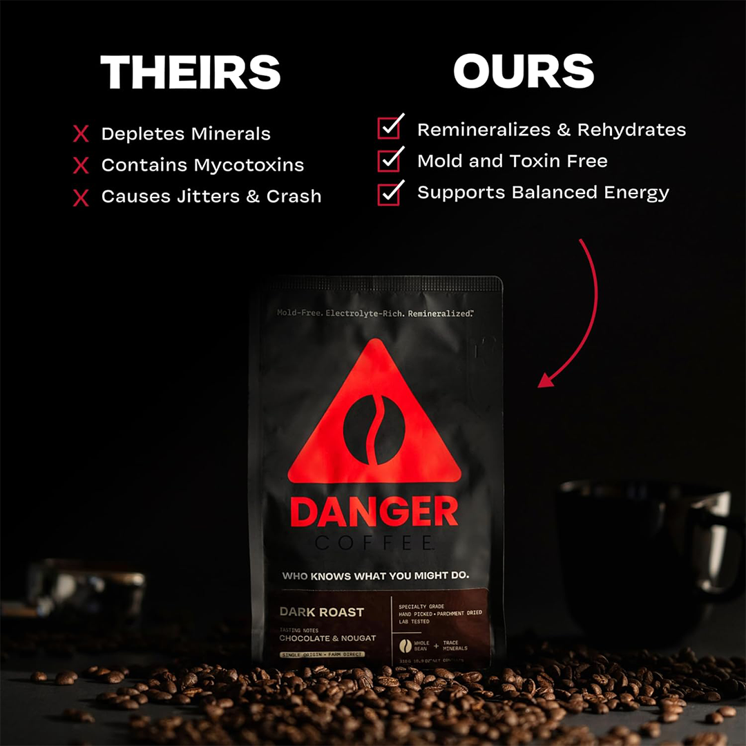 Danger Coffee by Dave Asprey Remineralized Mold-Free Dark Roast Whole Bean Coffee, 10.9 oz